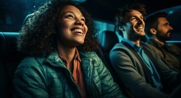 ai generato quattro amici siamo guida nel un' auto sorridente foto