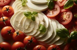 ai generato fresco Mozzarella è seduta su superiore di pomodori foto