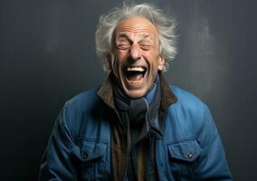 ai generato anziano uomo ridendo e fabbricazione scherzo a lui stesso ridere foto