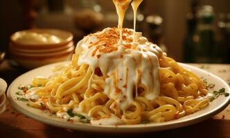 ai generato spaghetti è essere raccolto su con un' forchetta al di sopra di bianca salsa foto