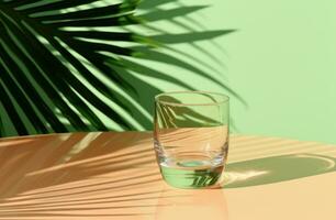 ai generato il ombra di un' palma foglia è visto nel il sfondo al di sopra di un' verde tavolo foto