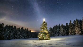 ai generato incantata inverno notte. un' maestoso illuminato Natale albero sta alto nel un' nevoso prato, circondato di un' denso pino foresta, bagnata nel il splendore di stellato notte cieli. foto