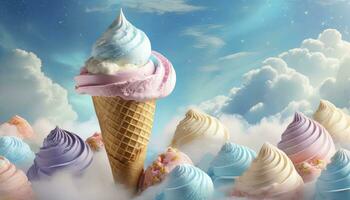 ai generato un' capriccioso Schermo di ghiaccio crema turbine coni, artigianale come cibo arte, contro un' sognante pastello sfondo con galleggiante nuvole. foto