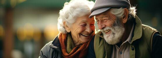 ai generato Due anziano uomini abbraccio, ridendo, sorridente foto