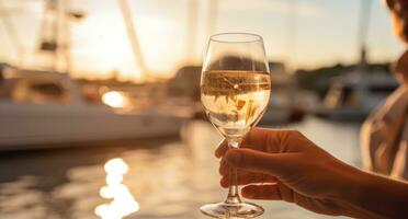 ai generato Due persone tostatura Champagne con un' barca a tramonto foto