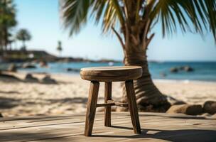 ai generato di legno sgabello su un' spiaggia vicino un' palma albero foto