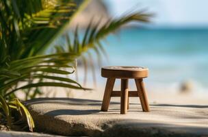 ai generato di legno sgabello su un' spiaggia vicino un' palma albero foto