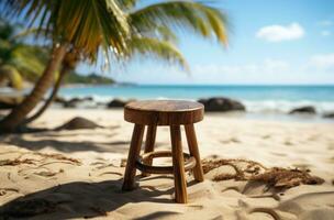 ai generato di legno sgabello su un' spiaggia vicino un' palma albero foto