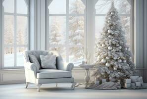 ai generato inverno bianca vivente camera con Natale albero foto