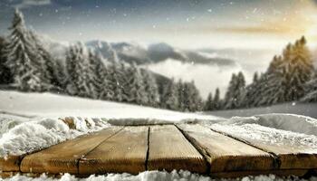 ai generato inverno Paese delle meraviglie spazio di lavoro. un' scrivania coperto nel neve, la creazione di un' scena di la tranquillità e Abbracciare una persona il serenità di inverno. foto