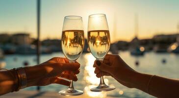 ai generato Due persone tostatura Champagne con un' barca a tramonto foto