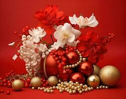 ai generato nuovo anno decorazione con oro palle e fiori su rosso sfondo foto