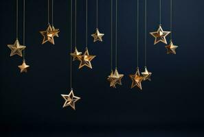 ai generato oro Natale ornamenti disposte nel un' blu telaio con stelle foto