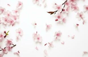 ai generato rosa fiori con le foglie caduta via su bianca sfondo con primavera fioritura foto