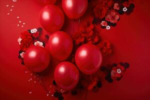 ai generato contento Cinese nuovo anno con rosso palloncini e fiori su un' sfondo con rosso sfondo, foto