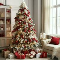 accogliente vivente camera con bellissimo Natale albero e rosso i regali nel moderno interno. interno di vivente camera decorato per allegro Natale con calzini, regalo scatole e Natale Accessori di ai generato foto