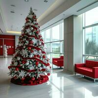 accogliente vivente camera con bellissimo Natale albero e rosso i regali nel moderno interno. interno di vivente camera decorato per allegro Natale con calzini, regalo scatole e Natale Accessori di ai generato foto