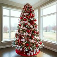 accogliente vivente camera con bellissimo Natale albero e rosso i regali nel moderno interno. interno di vivente camera decorato per allegro Natale con calzini, regalo scatole e Natale Accessori di ai generato foto