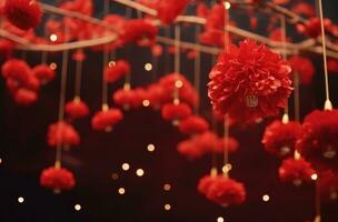 ai generato rosso crisantemi sospeso su un' ramo con un' rosso sfondo foto