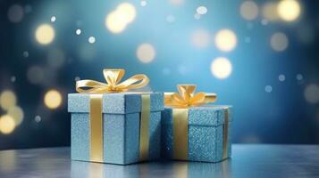 ai generato Due Natale regalo scatole nel blu su un' bokeh sfondo, foto