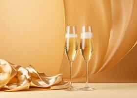 ai generato Due bicchieri con Champagne e alcuni Champagne bottiglia su un' oro sfondo foto