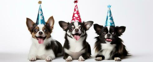 ai generato tre cani siamo indossare festa cappelli foto