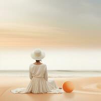 ai generato donna indossare bianca e cappello seduta su un' sabbioso spiaggia, foto
