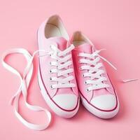 ai generato Da donna tennis scarpe da ginnastica con bianca lacci su un' rosa sfondo. foto