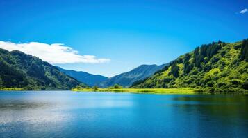 ai generato un' sereno lago circondato di lussureggiante verde montagne e un' chiaro blu cielo nel il sfondo foto