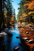 ai generato un' calma fiume avvolgimento attraverso un' foresta con vivace autunno fogliame e un' chiaro blu cielo sopra foto