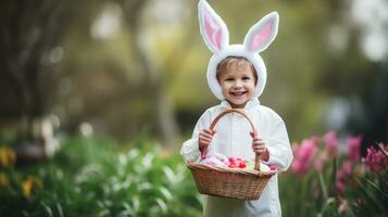 ai generato bambino vestito nel un Pasqua coniglietto costume Tenere un' cestino di uova foto