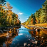 ai generato un' calma fiume avvolgimento attraverso un' foresta con vivace autunno fogliame e un' chiaro blu cielo sopra foto