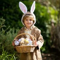 ai generato bambino vestito nel un Pasqua coniglietto costume Tenere un' cestino di uova foto