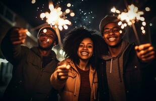 ai generato tre giovane persone Tenere sparklers nel il notte con il stelle filanti, foto