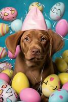 ai generato un' carino foto di un' cucciolo indossare coniglietto orecchie e circondato di Pasqua uova