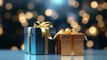 ai generato Due Natale regalo scatole nel blu su un' bokeh sfondo, foto