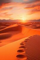 ai generato un' tranquillo, calmo deserto paesaggio con sabbia dune, un' vivido arancia tramonto, e un' pochi cactus nel il primo piano foto