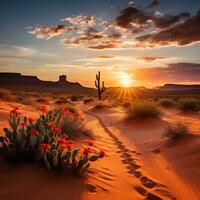 ai generato un' tranquillo, calmo deserto paesaggio con sabbia dune, un' vivido arancia tramonto, e un' pochi cactus nel il primo piano foto