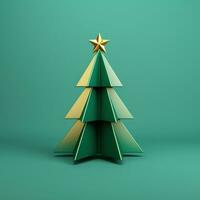 ai generato un' triangolo Natale albero nel un' 3d interpretazione su un' verde sfondo foto