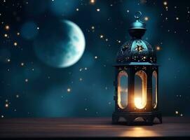 ai generato Ramadan lanterna sfondo con Luna un' lanterna e mezzaluna Luna foto