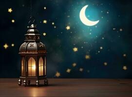 ai generato Ramadan lanterna sfondo con Luna un' lanterna e mezzaluna Luna foto