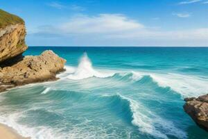 ai generato mare onde colpire rocce su un' bellissimo spiaggia. professionista foto