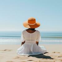 ai generato donna indossare bianca e cappello seduta su un' sabbioso spiaggia, foto