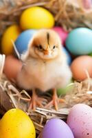 ai generato un' bambino pulcino seduta nel un' nido circondato di colorato Pasqua uova. foto