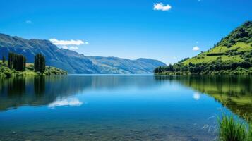 ai generato un' sereno lago circondato di lussureggiante verde montagne e un' chiaro blu cielo nel il sfondo foto