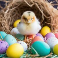 ai generato un' bambino pulcino seduta nel un' nido circondato di colorato Pasqua uova. foto