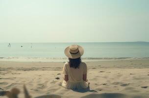 ai generato donna nel cappello seduta su spiaggia nel davanti di il mare foto