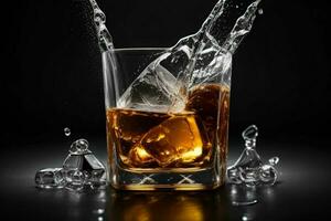 ai generato whisky spruzzo con ghiaccio cubi. professionista foto