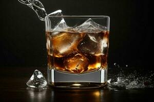 ai generato whisky spruzzo con ghiaccio cubi. professionista foto