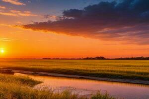 ai generato d'oro ora tramonto su il fiume. professionista foto